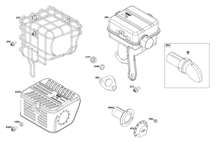 Exhaust Group Diagram and Parts List for 12V332-0145-F1 100000 - 19Z999 Briggs and Stratton Engine